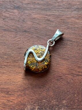 Sterling Silver Green Amber Round Pendant - Gold Brown